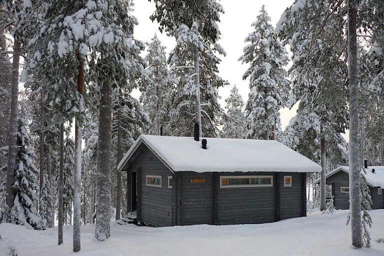 Een van de blokhutten in het park.