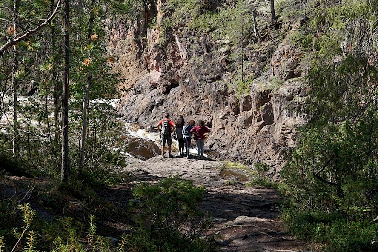 Wandelen langs de rivier in de kloof in Oulanka NP.