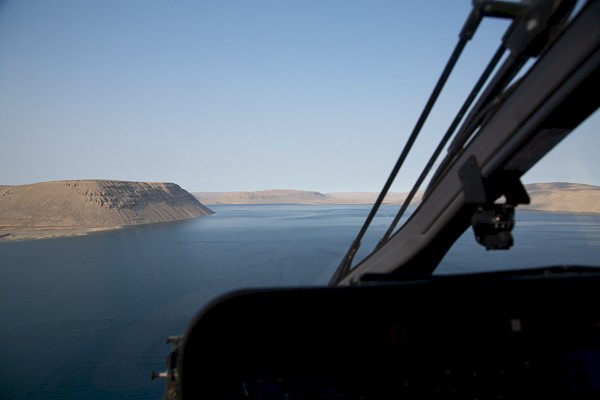 Uitzicht vanuit een van de helikopters die aan boord gebruikt worden.