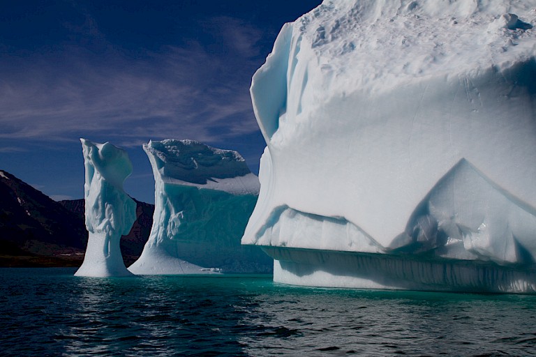 In de gehele Scoresby Sund drijven immense ijsbergen.