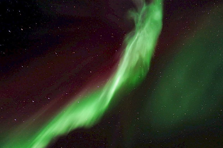Aan het eind van het seizoen is het 's nachts donker genoeg om noorderlicht te kunnen zien.