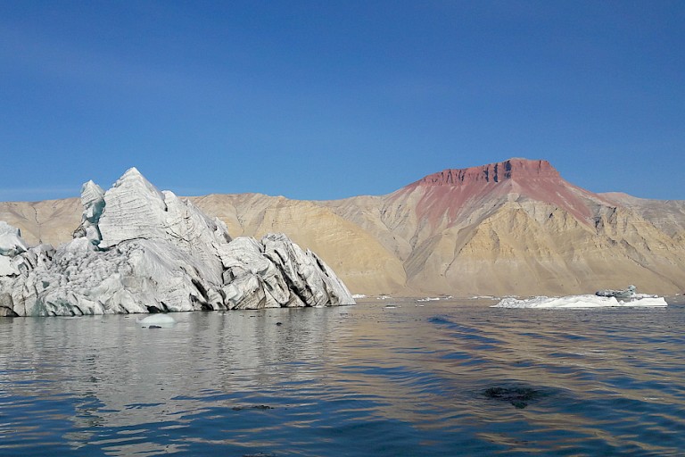 De gekleurde bergen tezamen met het blauwe ijs zorgt voor een groot contrast, Walterhausen gletsjer.