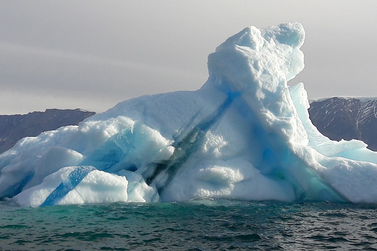 Helaas kunnen we niet verder komen, teveel ijs. Maar een zodiaccruise langs de ijsbergen is wel mogelijk. (Daugaard-Jensen gletsjer, Nordvestfjord).