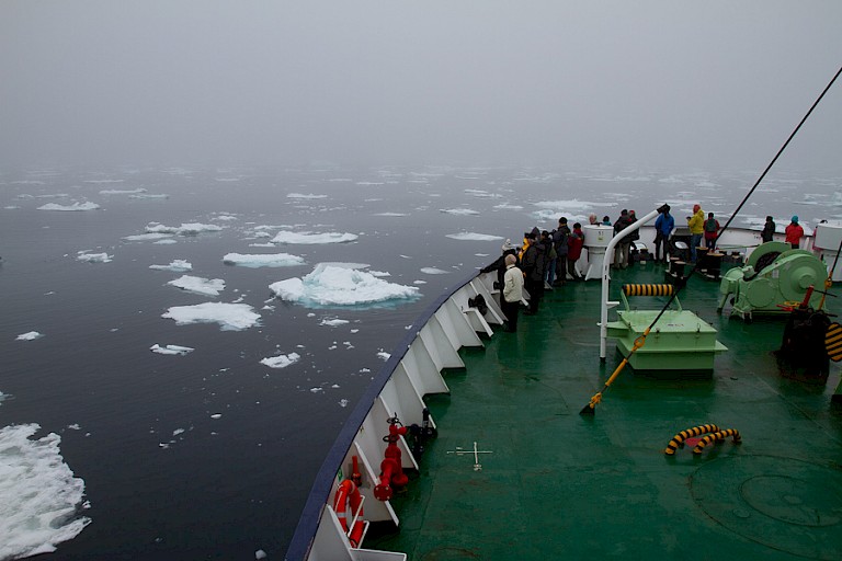 Door het pakijs in de mist in Straat Hinlopen. Spitsbergen.