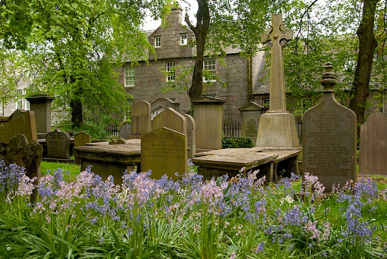 Kerkhof met Blue Bells in Aberdeen.